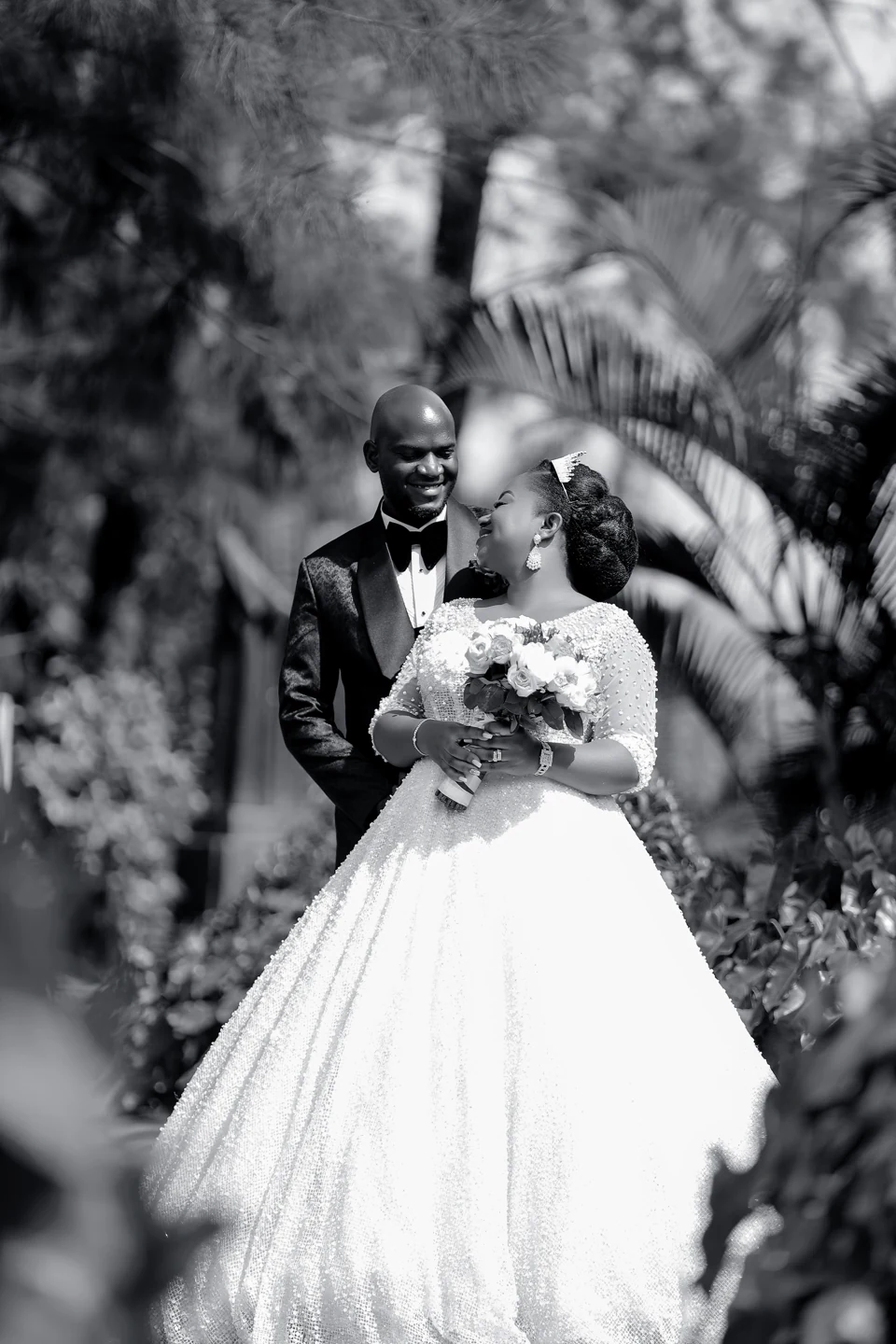 Black and white portrait of a newly married couple